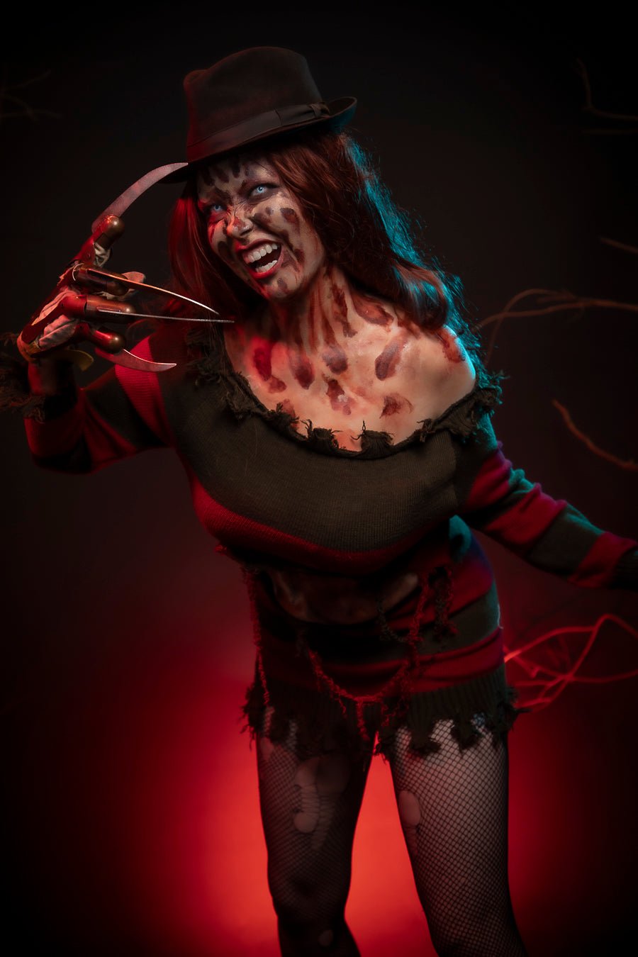 freddy krueger ladies fancy dress Sexy Womens Costume Hire & Makeup - Little Shop of Horrors Costumery longer sleeves