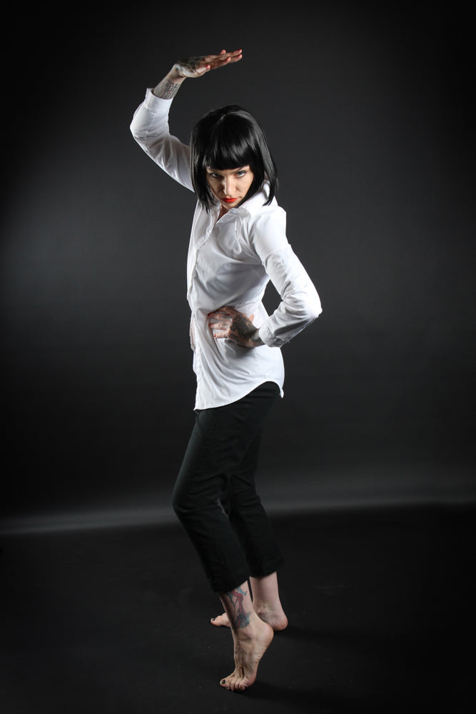 Mia Wallace From Quentin Tarantino's epic masterpiece, Pulp Fiction. Costume Hire or Cosplay, plus Makeup and Photography. Proudly by and available at, Little Shop of Horrors Costumery Mornington & Melbourne.