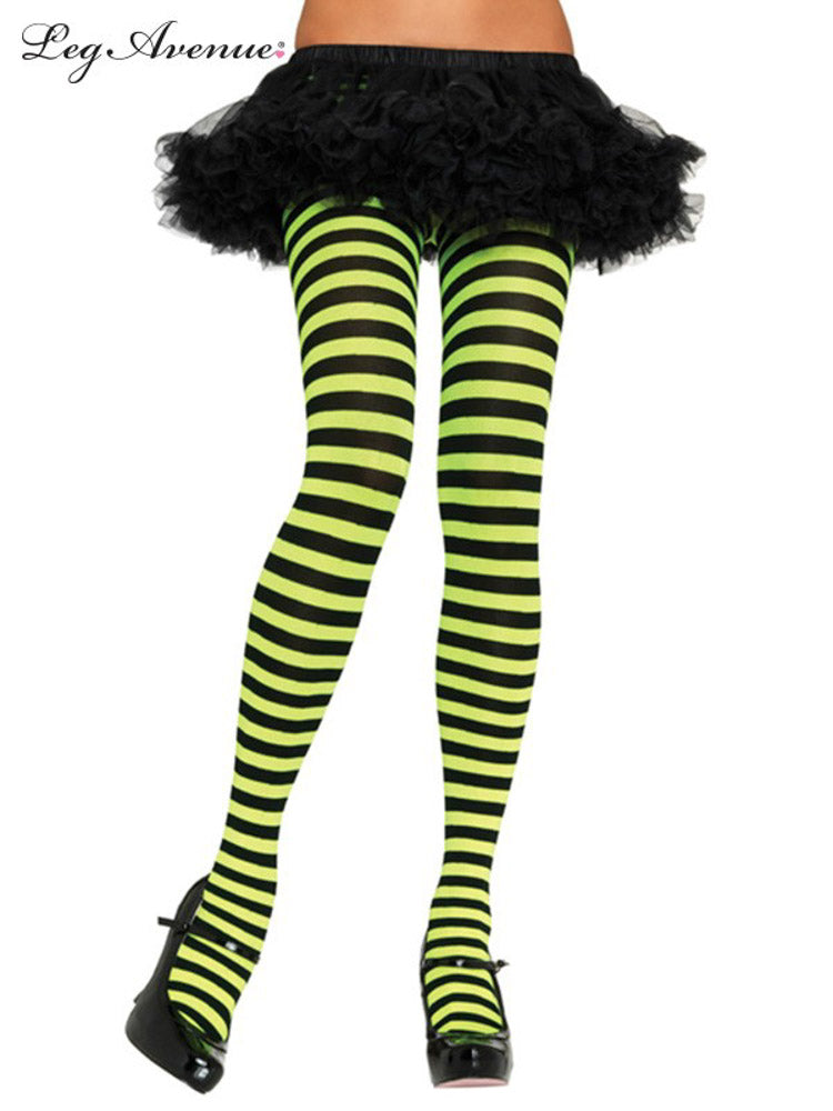 Nylon Black & Lime Green Striped Tights O/S - Little Shop of Horrors
