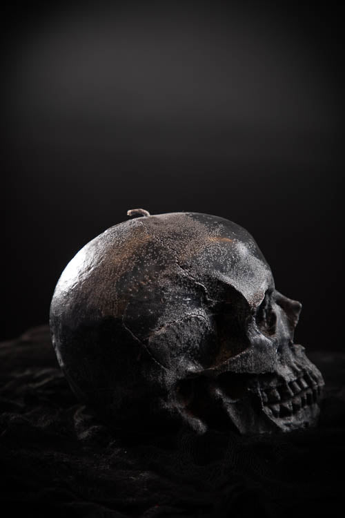 Human Skull Candle: Black "Sage & Driftwood" - Little Shop of Horrors