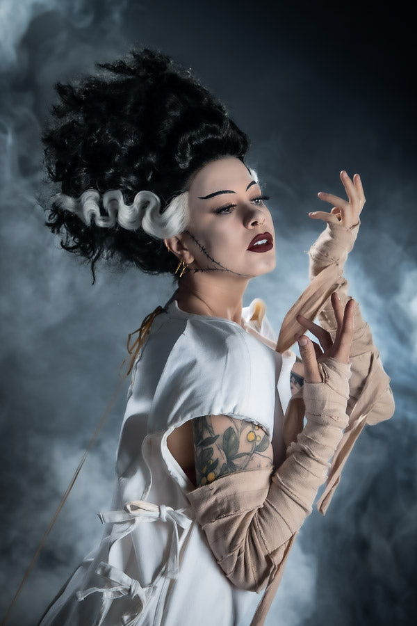 Bride of Frankenstein Costume Hire or Cosplay & Wig, plus Makeup and Photography. Proudly by and available at, Little Shop of Horrors Costumery 6/1 Watt Rd Mornington & Melbourne