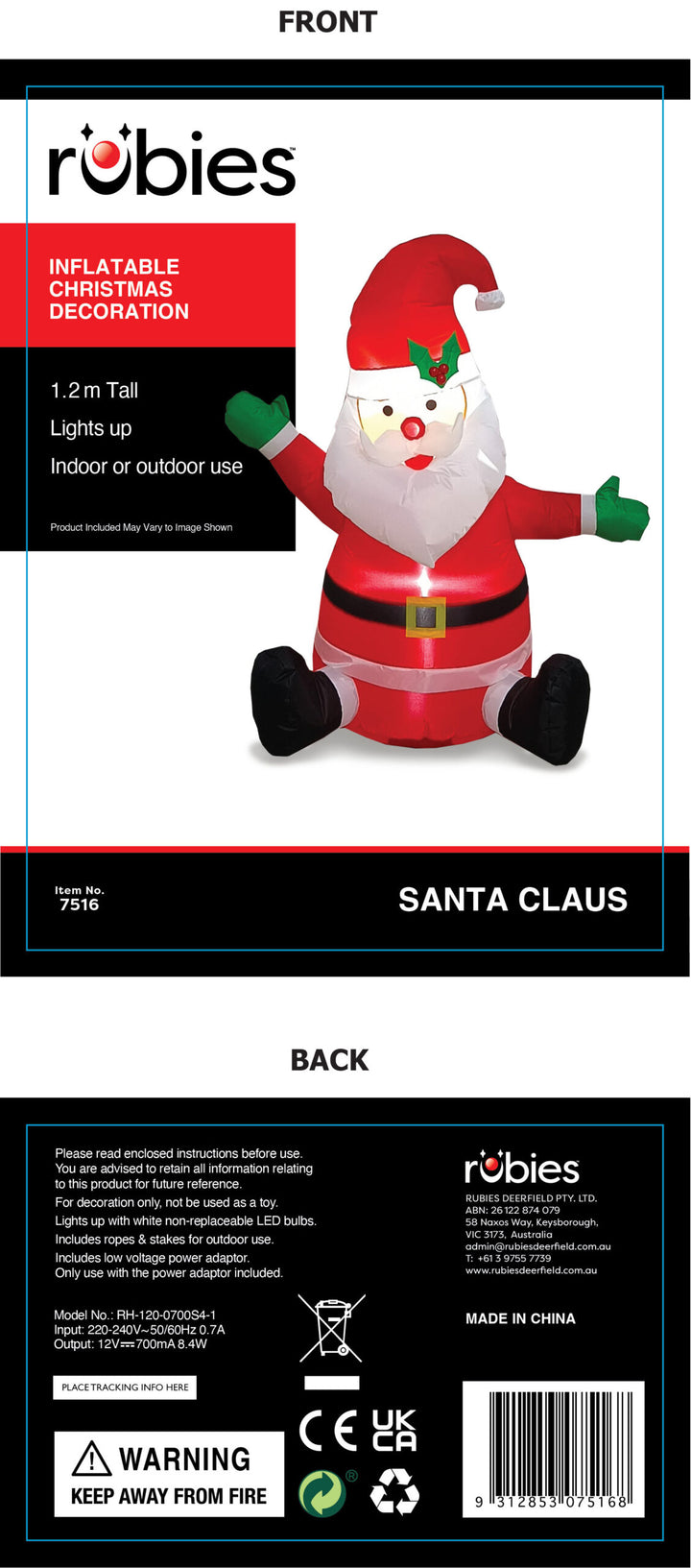 SANTA CLAUS INFLATABLE – 4FT TALL - Little Shop of Horrors Costumery & Pop-Culture Emporium - 16 Bennetts Rd Mornington Melbourne - Melbourne's Most Iconic Costume Shop