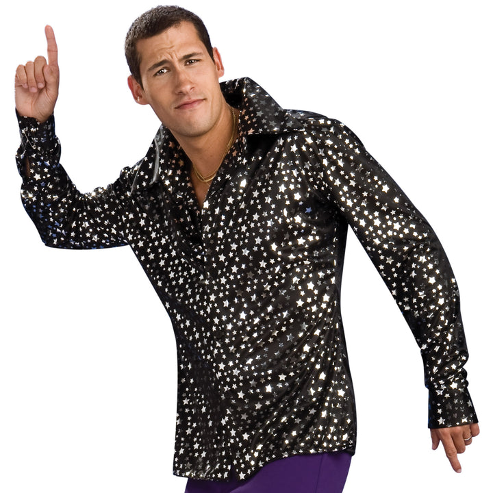 DISCO SHIRT – BLACK WITH SILVER STARS, ADULT - Little Shop of Horrors Costumery & Pop-Culture Emporium - 16 Bennetts Rd Mornington Melbourne - Melbourne's Most Iconic Costume Shop