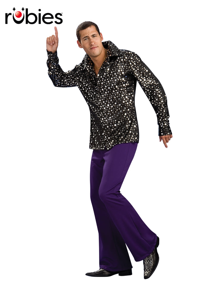 DISCO SHIRT – BLACK WITH SILVER STARS, ADULT - Little Shop of Horrors Costumery & Pop-Culture Emporium - 16 Bennetts Rd Mornington Melbourne - Melbourne's Most Iconic Costume Shop