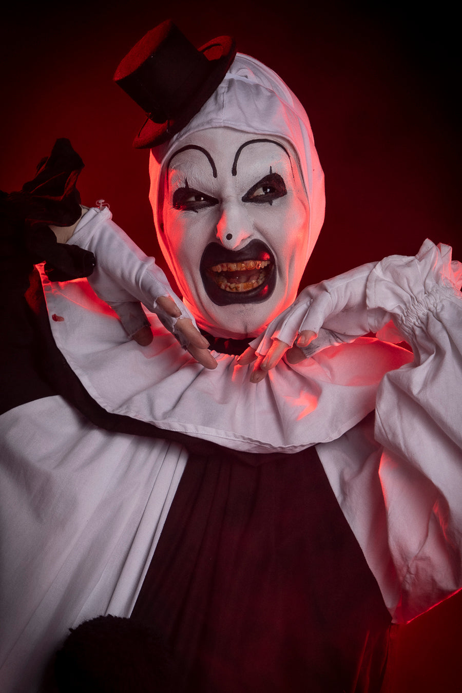 Art the Clown, inspired by the cult classic Terrifier. Costume Hire or Cosplay, plus Makeup and Photography. Proudly by and available at, Little Shop of Horrors Costumery Mornington & Melbourne.