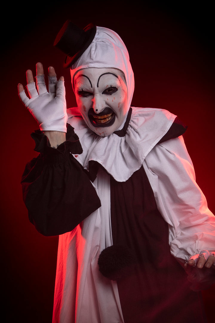 Art the Clown, inspired by the cult classic Terrifier. Costume Hire or Cosplay, plus Makeup and Photography. Proudly by and available at, Little Shop of Horrors Costumery Mornington & Melbourne.