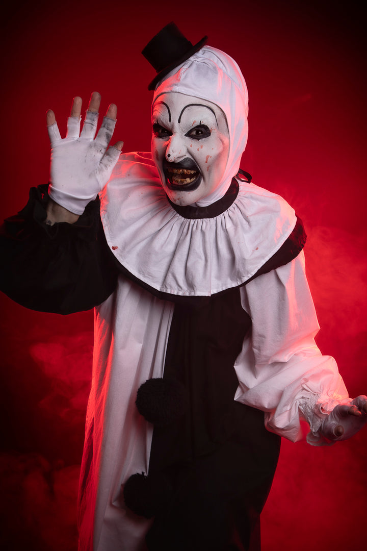 Art the Clown, inspired by the cult classic Terrifier. Costume Hire or Cosplay, plus Makeup and Photography. Proudly by and available at, Little Shop of Horrors Costumery Mornington & Melbourne.