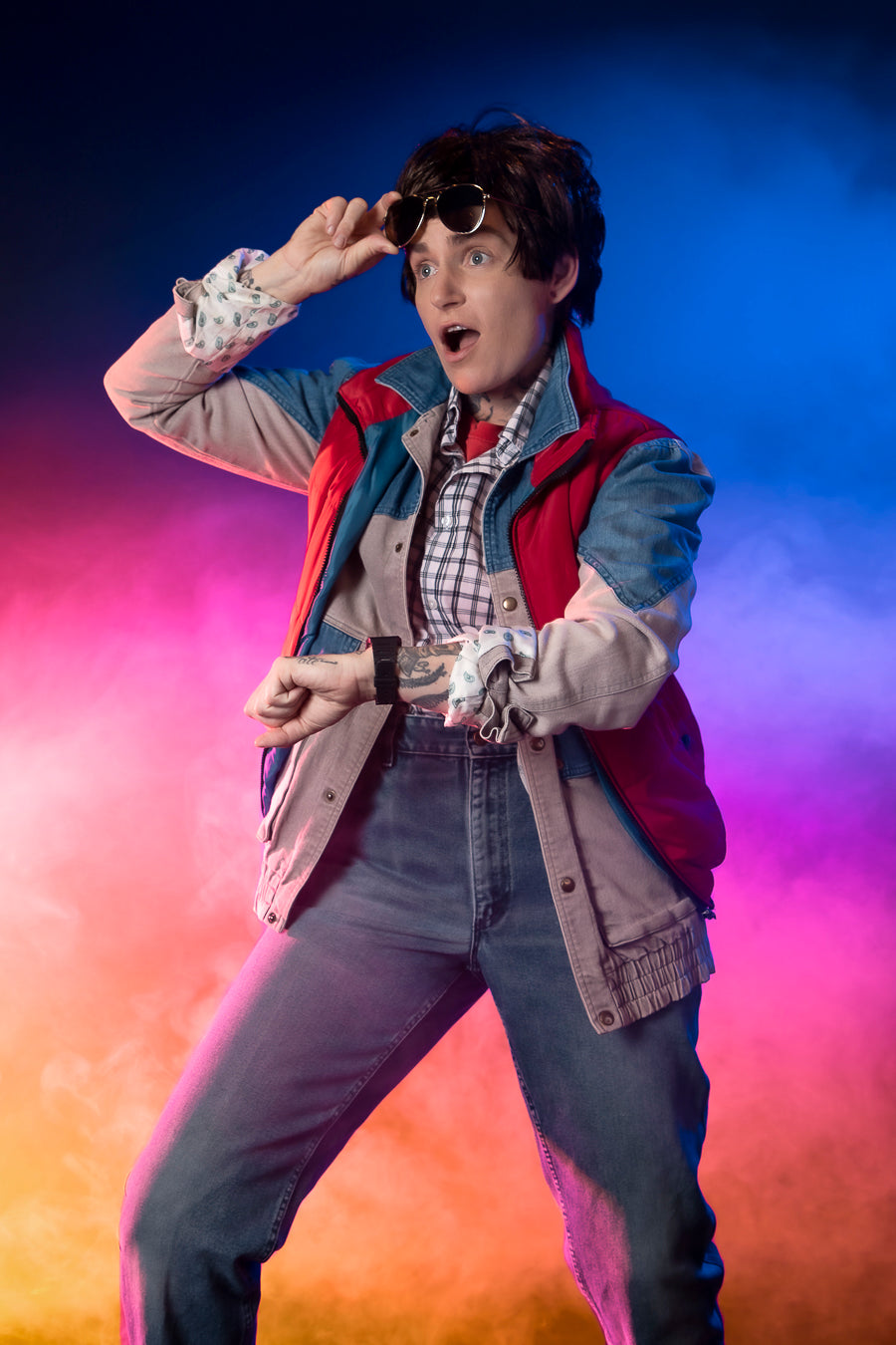 Marty McFly inspired by the cult classic 1980s movie, Back to the Future Costume Hire or Cosplay, plus Makeup and Photography. Proudly by and available at, Little Shop of Horrors Costumery Mornington & Melbourne