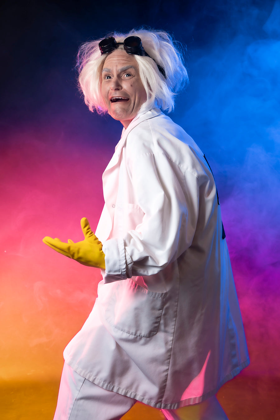 Back to the Future, Doc Emmett Brown 1980s Costume Hire or Cosplay, plus Makeup and Photography. Proudly by and available at, Little Shop of Horrors Costumery 6/1 Watt Rd Mornington & Melbourne