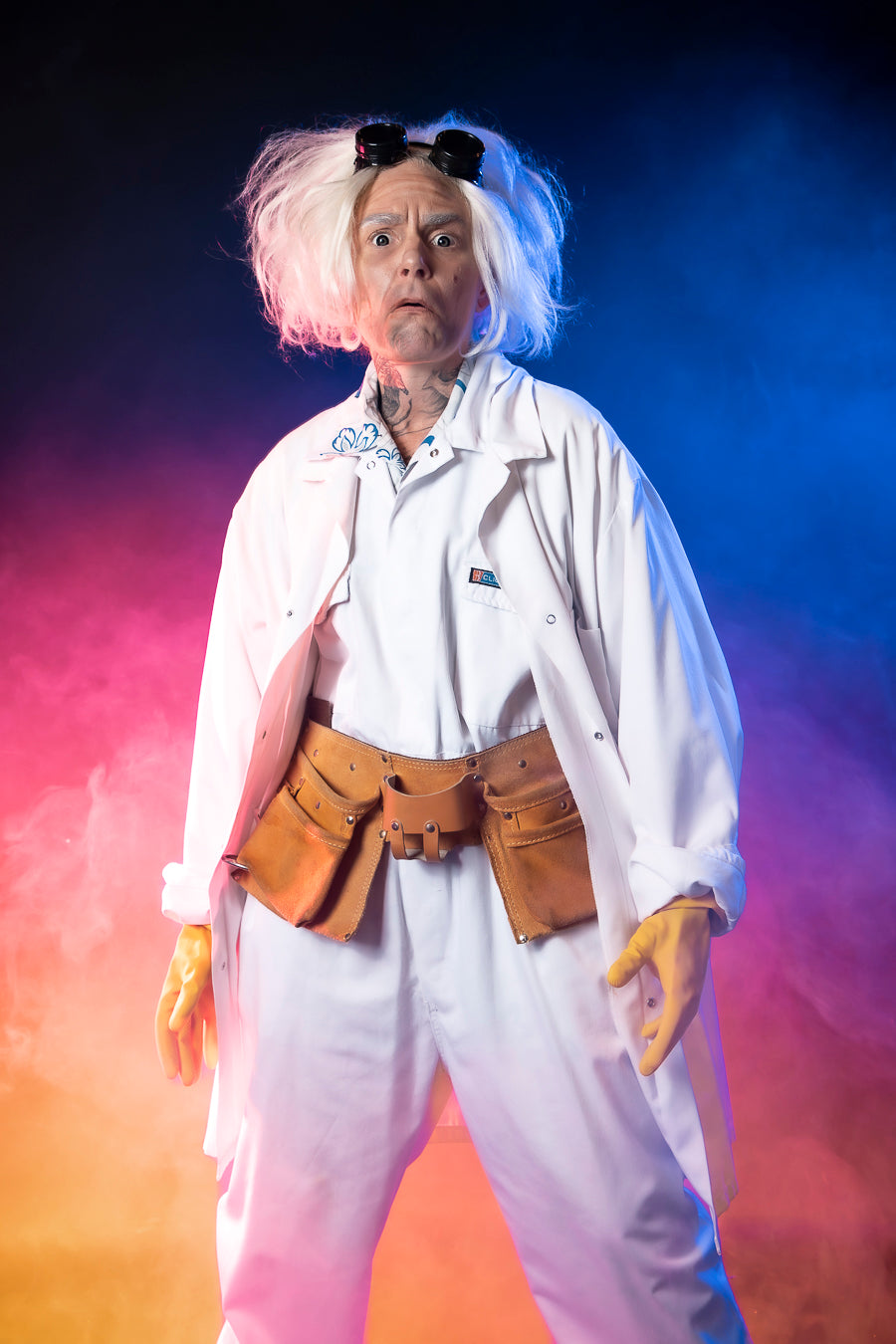 Back to the Future, Doc Emmett Brown 1980s Costume Hire or Cosplay, plus Makeup and Photography. Proudly by and available at, Little Shop of Horrors Costumery 6/1 Watt Rd Mornington & Melbourne