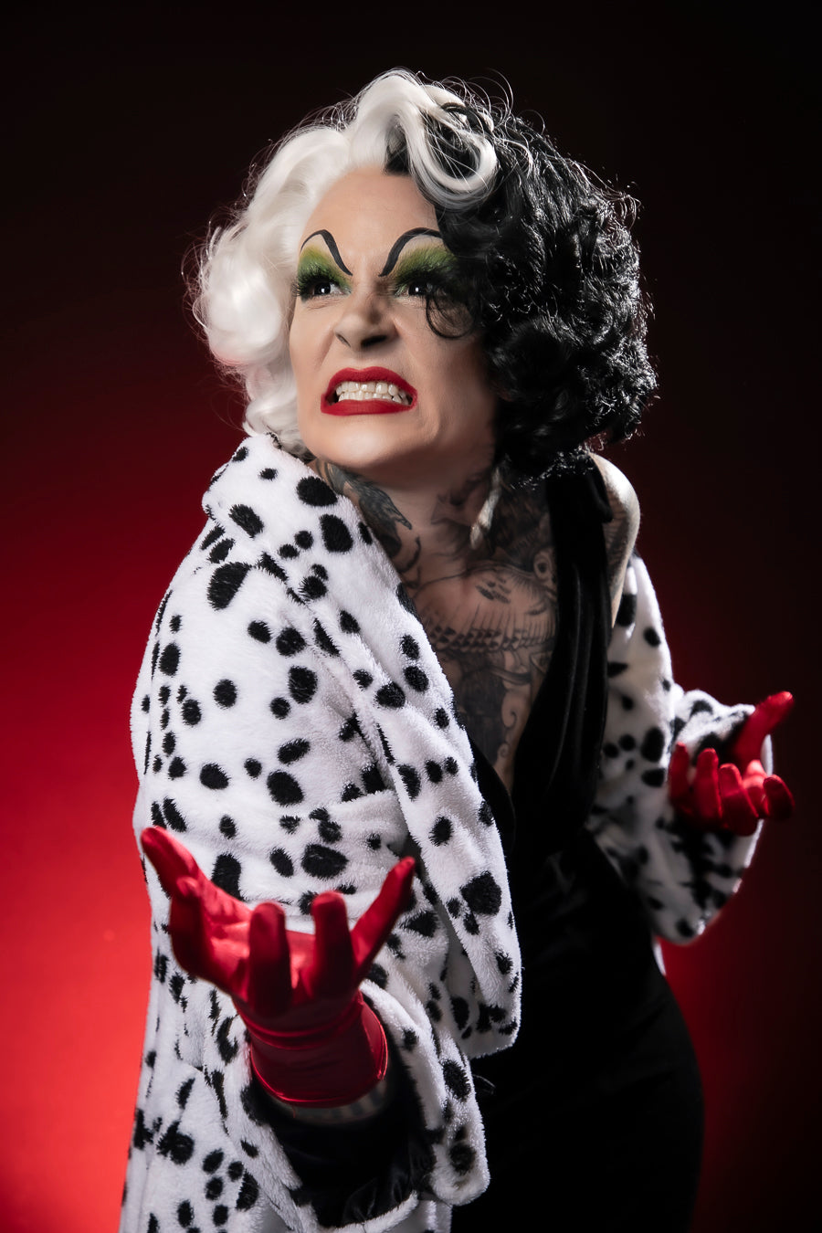 Cruella De Vil 101 Dalmatians Costume Hire or Cosplay, plus Makeup and Photography. Proudly by and available at, Little Shop of Horrors Costumery 6/1 Watt Rd Mornington & Melbourne