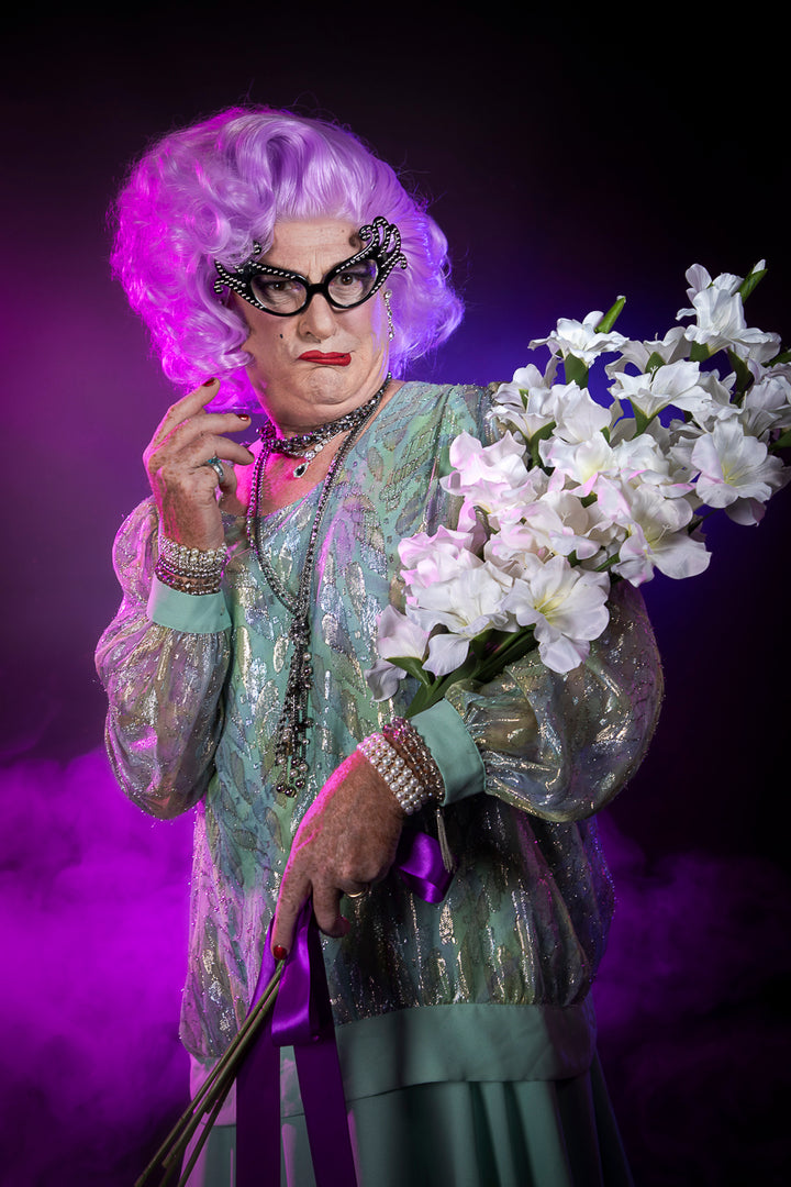 Dame Edna Everage Costume Hire, Makeup, Glasses, Lace Front Wig & Photography by Little Shop of Horrors Costumery & Pop-Culture Emporium. A true Australian Icon!