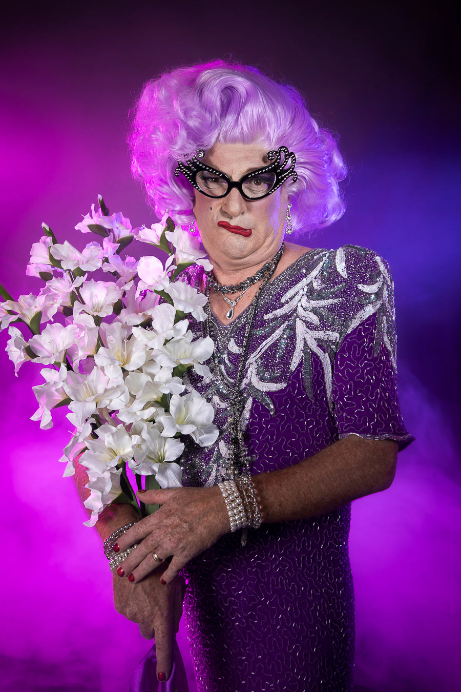 Dame Edna Everage Costume Hire, Makeup, Glasses, Lace Front Wig & Photography by Little Shop of Horrors Costumery & Pop-Culture Emporium. A true Australian Icon!