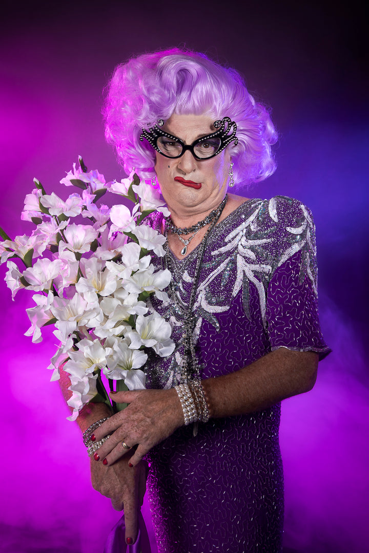 Dame Edna Everage Costume Hire, Makeup, Glasses, Lace Front Wig & Photography by Little Shop of Horrors Costumery & Pop-Culture Emporium. A true Australian Icon!