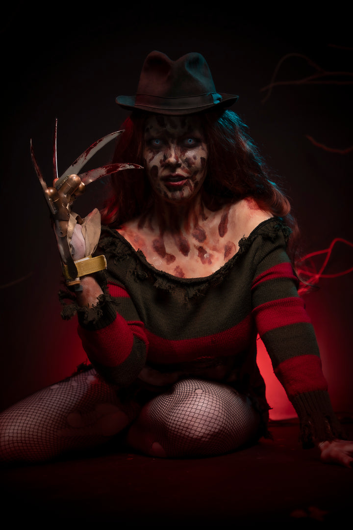 Nightmare on Elm St Sexy Womens Freddy Krueger Halloween Costume Hire or Cosplay, plus Makeup and Photography. Proudly by and available at, Little Shop of Horrors Costumery. Costume Shop, Costume Rental & Fancy Dress 6/1 Watt Rd Mornington, Frankston & Melbourne