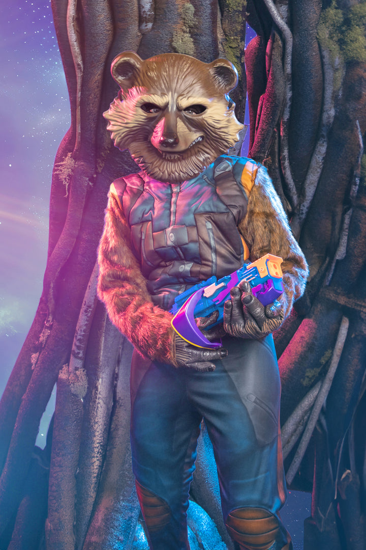Guardians of the Galaxy Rocket Raccoon Costume Hire or Cosplay, plus Makeup and Photography. Proudly by and available at, Little Shop of Horrors Costumery 6/1 Watt Rd Mornington & Melbourne