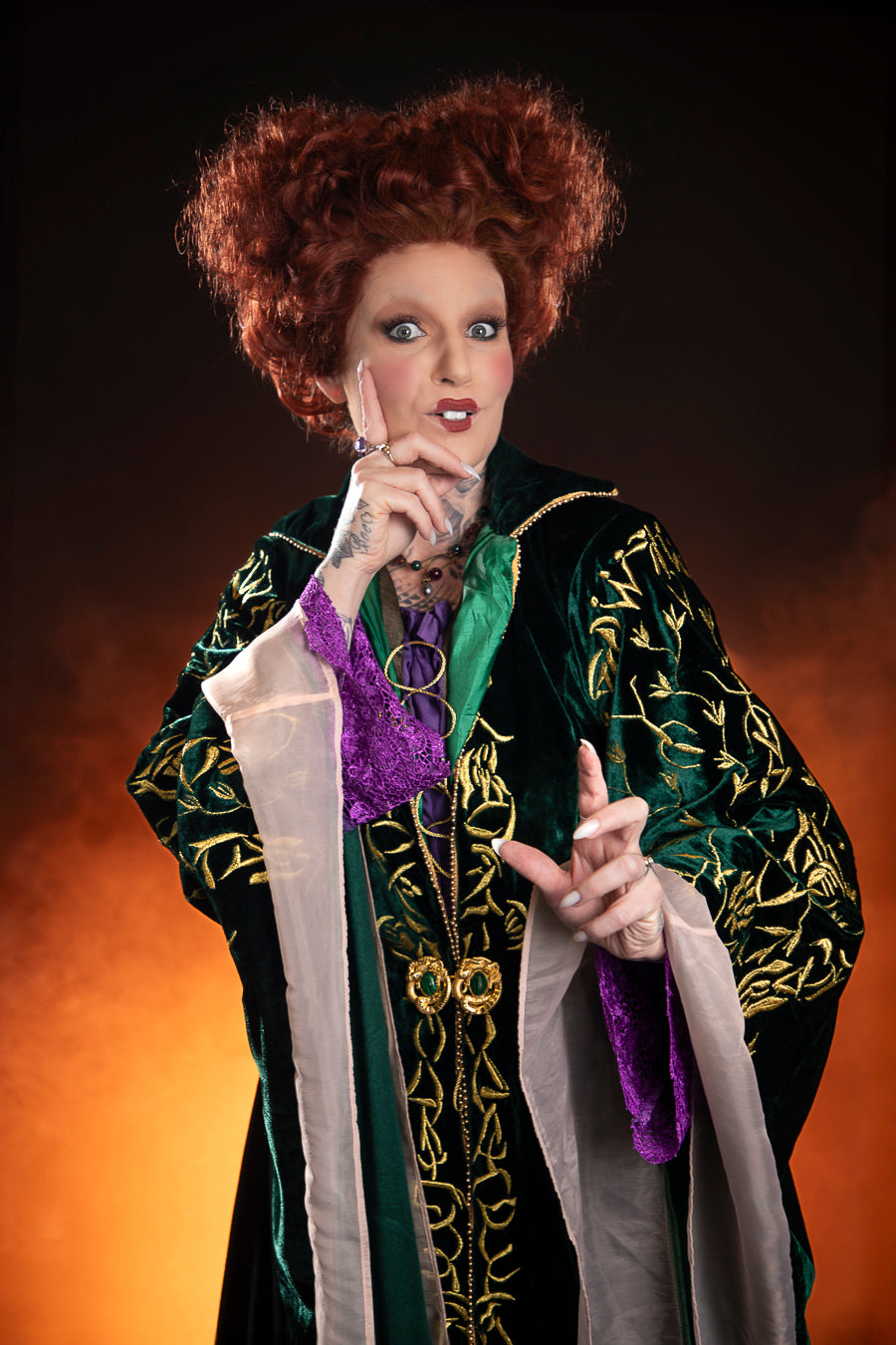 Hocus Pocus Winnifred Sanderson Costume Hire or Cosplay. Exquisite replica costume from the iconic film, Hocus Pocus. Stunning and skillfully embroidered velvet cloak with draping sleeves, dress, brooches, custom styled lace front character wig and broomstick. Absolutely one of a kind, designed by and exclusive to Little Shop of Horrors. 6/1 Watt Rd Mornington, Frankston Melbourne
