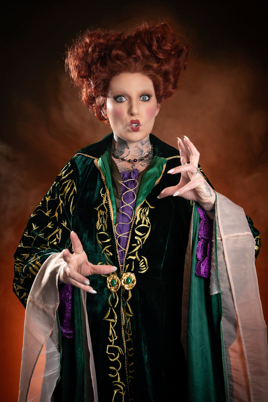 Hocus Pocus Winnifred Sanderson Costume Hire or Cosplay. Exquisite replica costume from the iconic film, Hocus Pocus. Stunning and skillfully embroidered velvet cloak with draping sleeves, dress, brooches, custom styled lace front character wig and broomstick. Absolutely one of a kind, designed by and exclusive to Little Shop of Horrors. 6/1 Watt Rd Mornington, Frankston Melbourne
