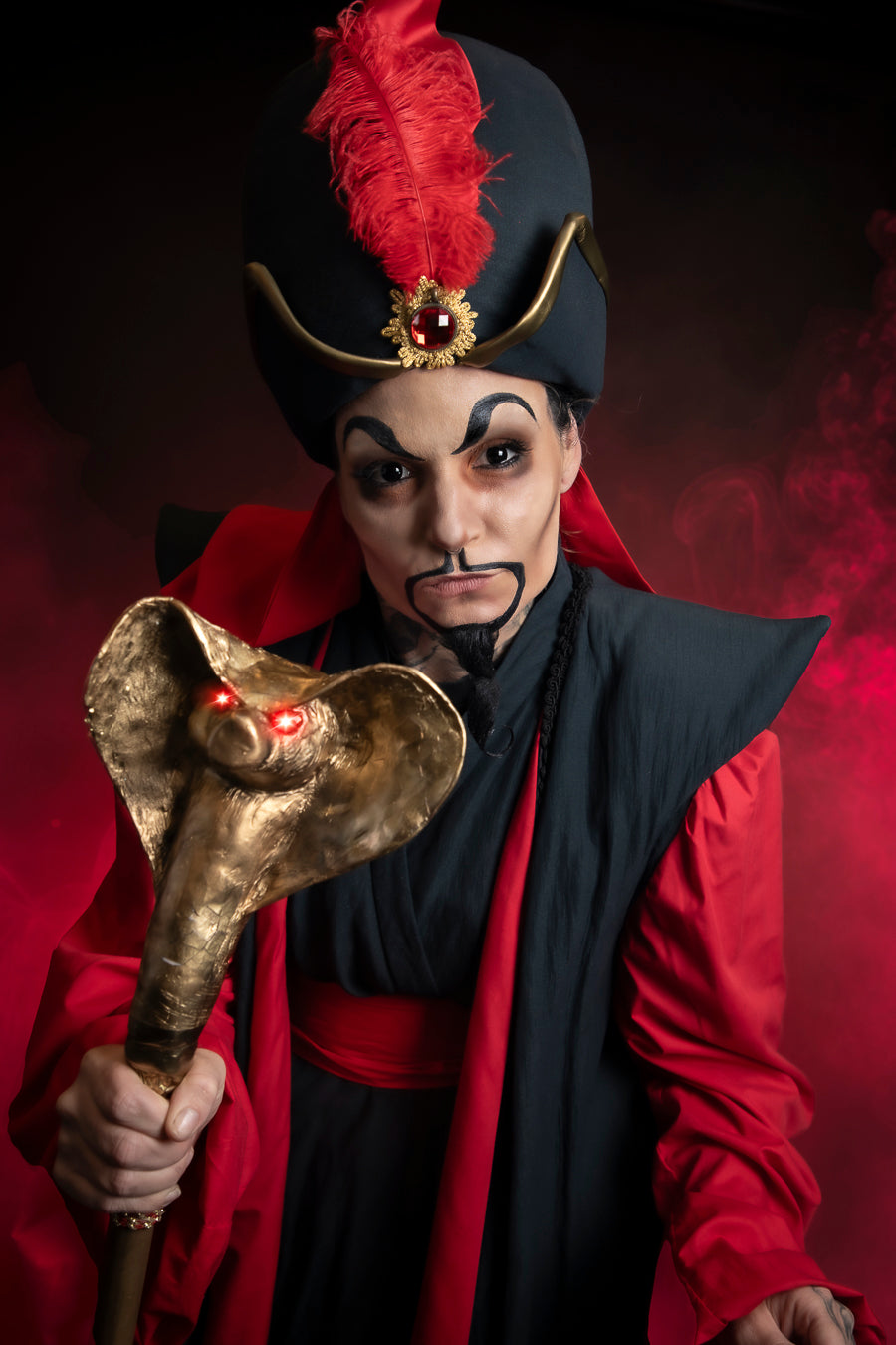 Evil Sorcerer Jafar, Disney Villain from Aladdin Costume Hire or Cosplay, plus Makeup and Photography. Proudly by and available at, Little Shop of Horrors Costumery 6/1 Watt Rd Mornington & Melbourne