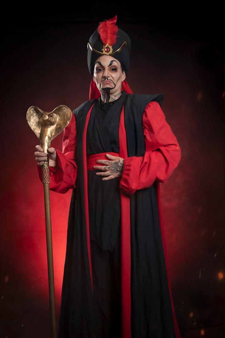 Evil Sorcerer Jafar, Disney Villain from Aladdin Costume Hire or Cosplay, plus Makeup and Photography. Proudly by and available at, Little Shop of Horrors Costumery 6/1 Watt Rd Mornington & Melbourne