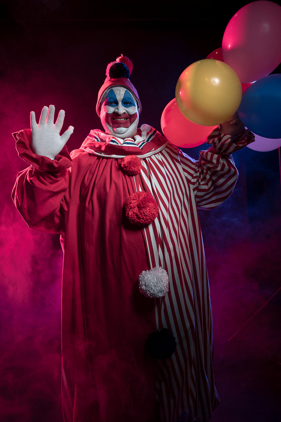 Serial killer style Pogo the Clown costume hire or cosplay photographed with pro makeup and dramatic smoke lighting for horror themed photography
Little Shop of Horrors
16 Bennetts Rd Mornington (03) 5977 1288
www.littleshopofhorrors.com.au.