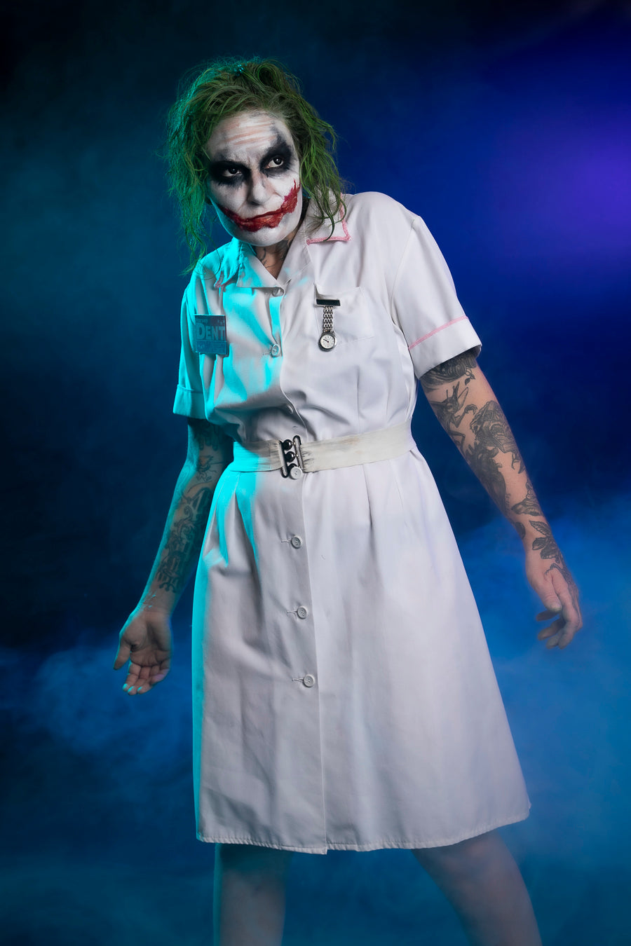 Heath Ledger Nurse Joker Costume Hire or Cosplay, plus Makeup and Photography. All by and available at Little Shop of Horrors Costumery Mornington
