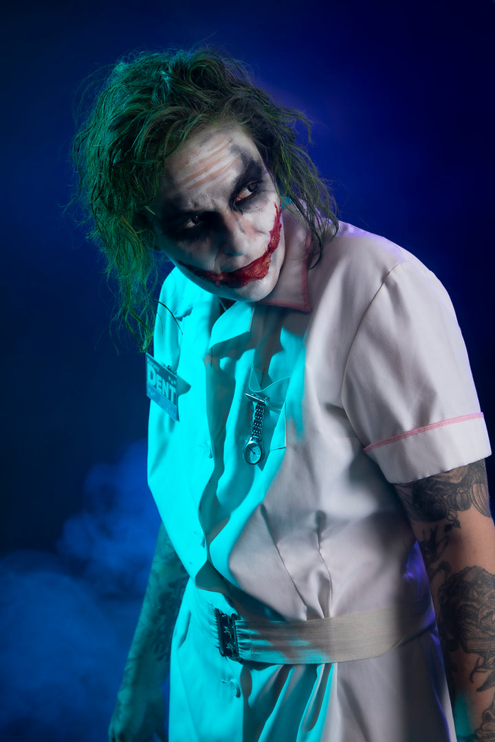 Heath Ledger Nurse Joker Costume Hire or Cosplay, plus Makeup and Photography. All by and available at Little Shop of Horrors Costumery Mornington
