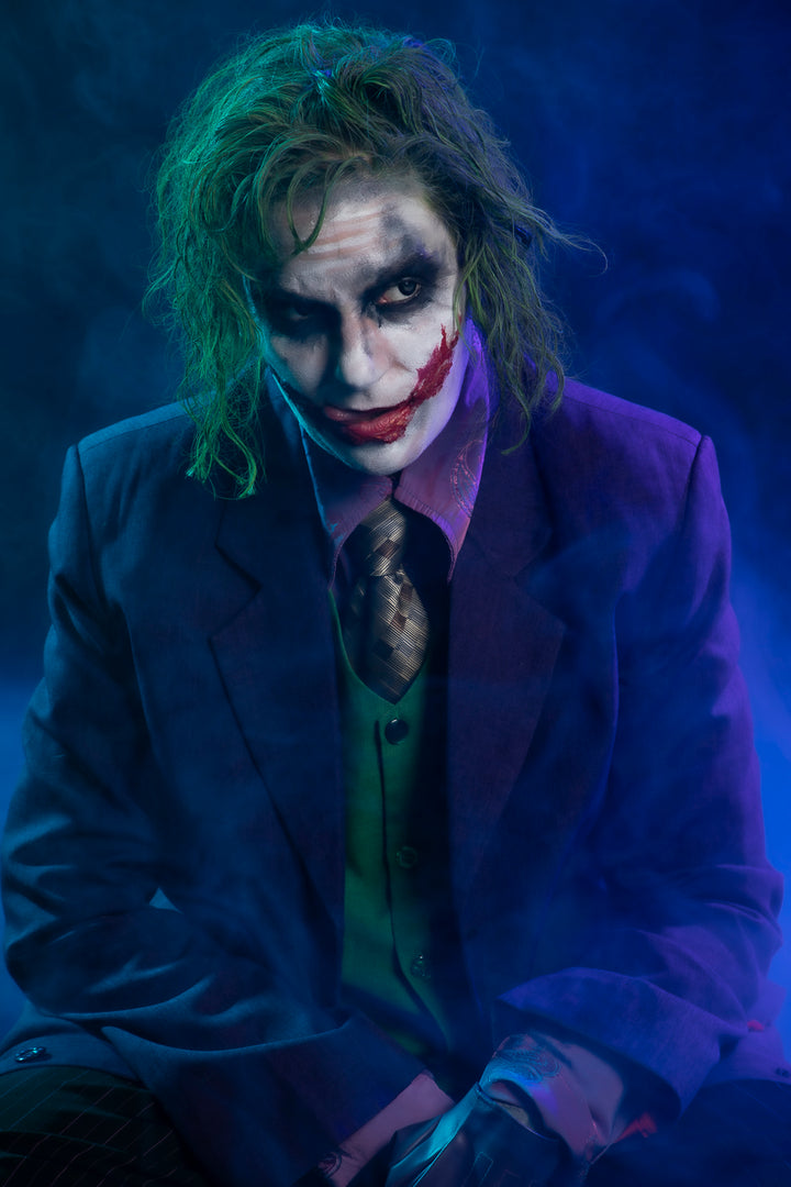 Heath Ledger Joker Costume Hire or Cosplay, plus Makeup and Photography. All by and available at Little Shop of Horrors Costumery Mornington