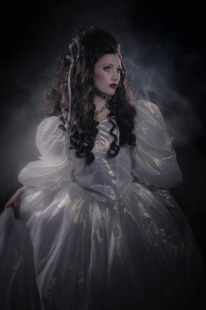 Sarah Labyrinth Costume Hire featuring a premium screen accurate replica gown, full petticoat and custom styled lace front wig at Little Shop of Horrors Costumery & Pop-Culture Emporium.