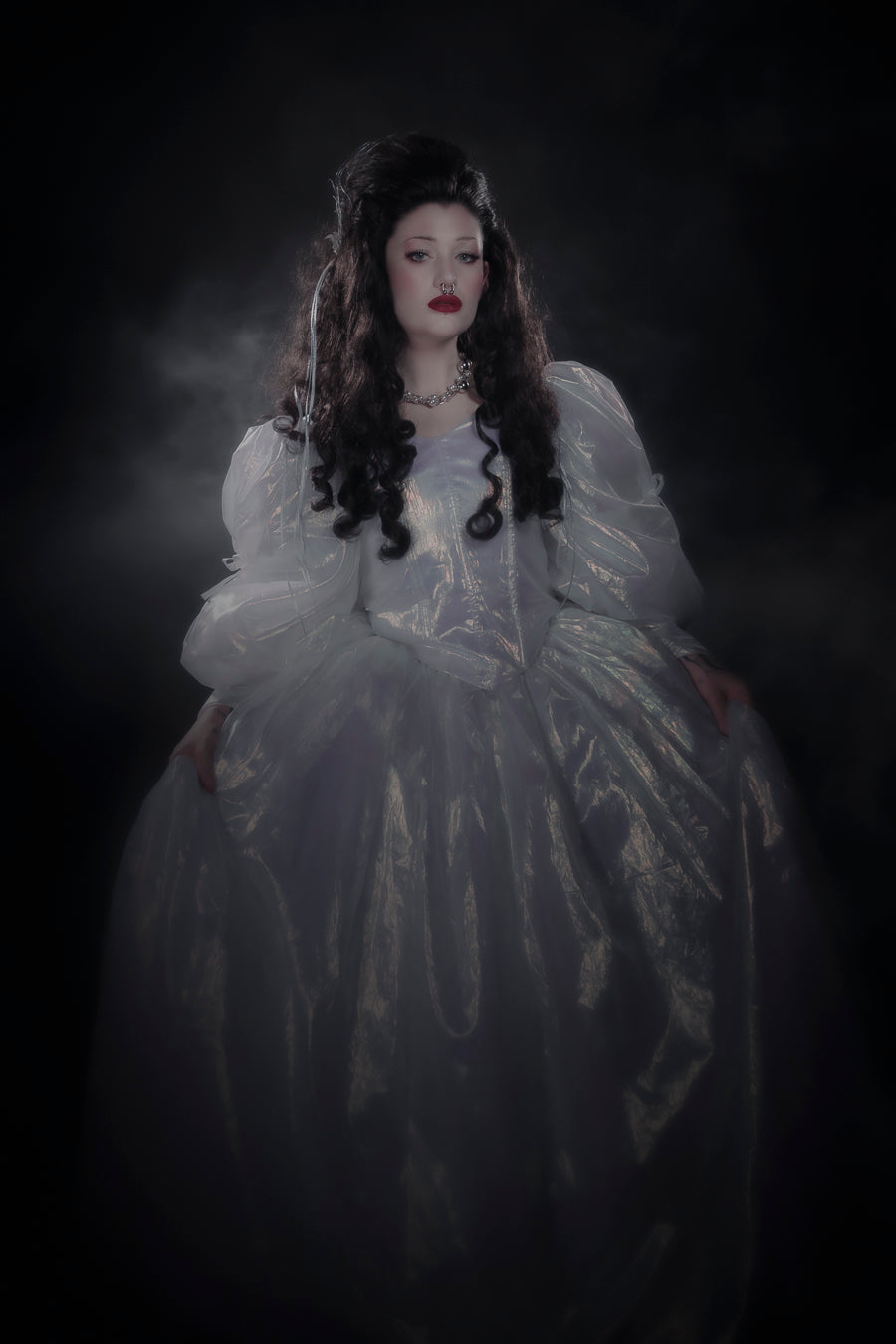 Sarah Labyrinth Costume Hire featuring a premium screen accurate replica gown, full petticoat and custom styled lace front wig at Little Shop of Horrors Costumery & Pop-Culture Emporium.