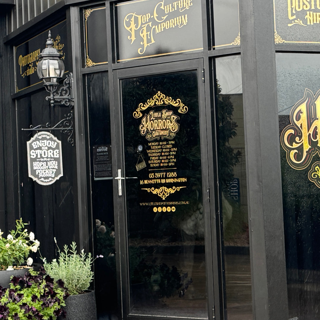 Our beautiful and welcoming store entrance. Visit Little Shop of Horrors Costumery & Pop-Culture Emporium, 16 Bennetts Rd Mornington Victoria. 10 Minutes from Frankston and an easy drive down Peninsula Link from Melbourne. Worth visiting from all over Victoria!! The best Halloween Costume Shop in Melbourne!