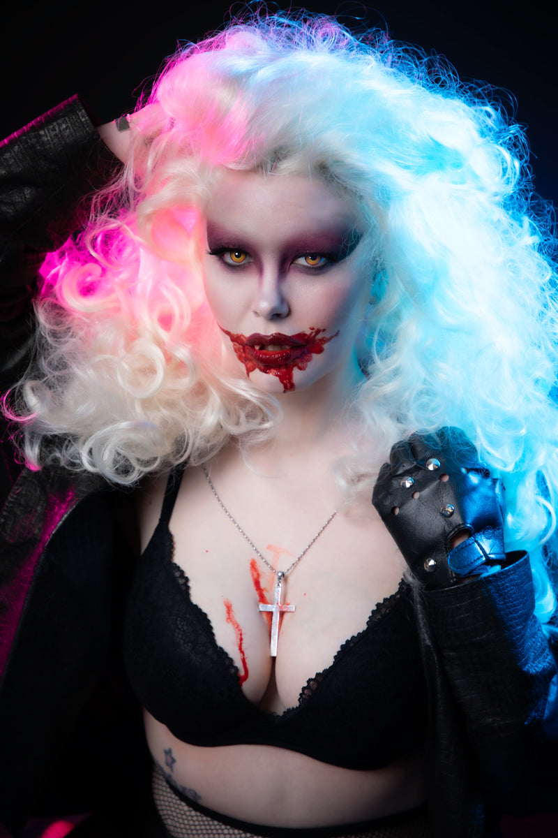 Sexy womens Lost Boys David Costume or Cosplay, with Scarecrow Vampire Fangs, fake blood, contact lenses and lace front wig. Photography by Little Shop of Horrors Costumery Mornington Melbourne Australia