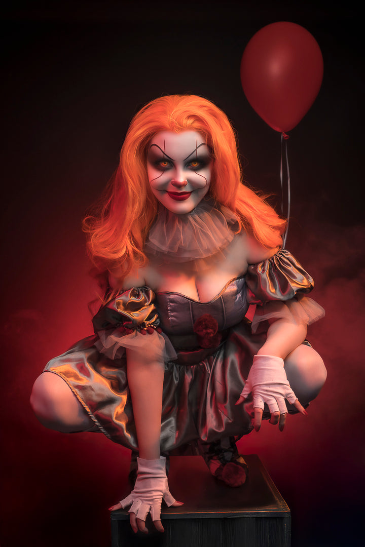 Welcome to Derry Ladies Sexy Pennywise Costume with Lace Front Wig, plus cinematic character makeup and Horror Photography available at Little Shop of Horrors Costumery & Pop-Culture Emporium, Mornington, Frankston, Melbourne, Australia. www.littleshopofhorrors.com.au
