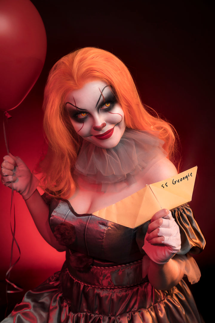 Welcome to Derry Ladies Sexy Pennywise Costume with Lace Front Wig, plus cinematic character makeup and Horror Photography available at Little Shop of Horrors Costumery & Pop-Culture Emporium, Mornington, Frankston, Melbourne, Australia. www.littleshopofhorrors.com.au
