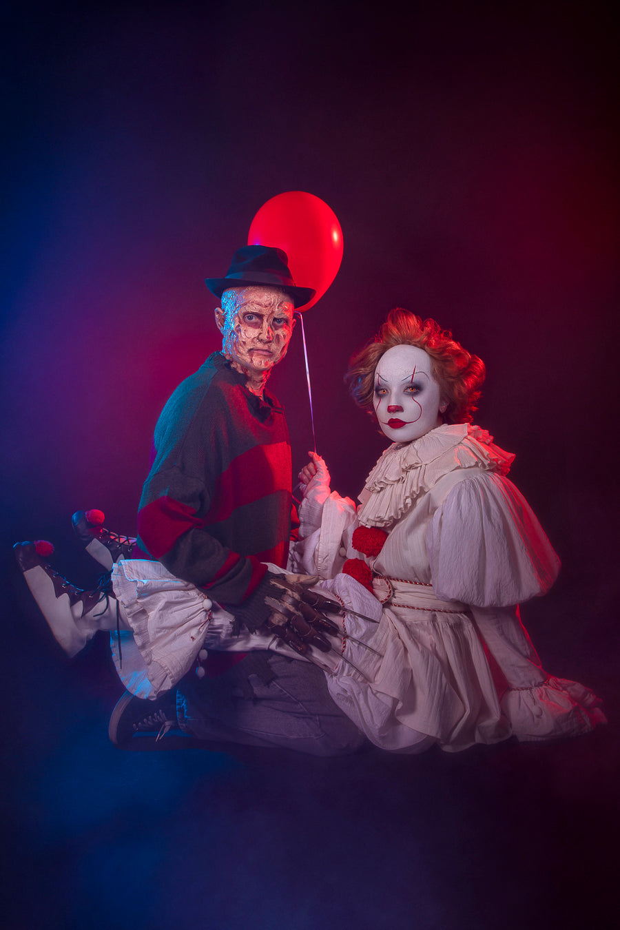 Pennywise and Freddy Krueger costume hire and makeup, dorky 80s couples photography