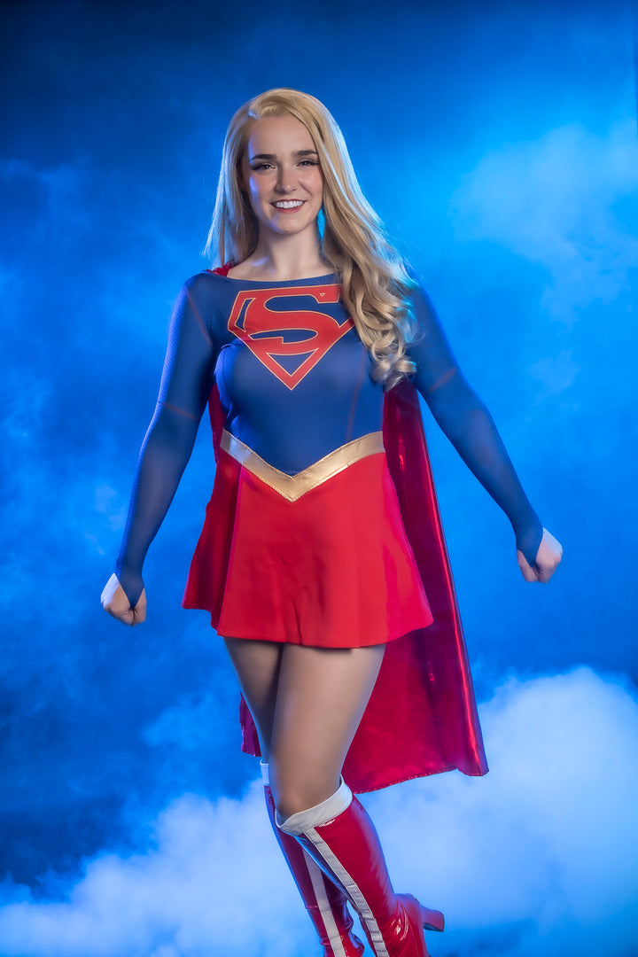 Supergirl Costume Hire or Cosplay, plus Makeup and Photography. Proudly by and available at, Little Shop of Horrors Costumery Mornington, Frankston & Melbourne