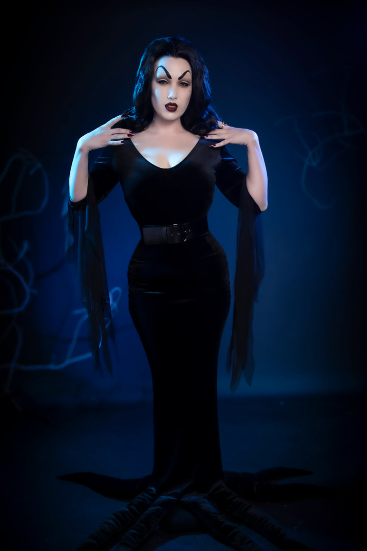 Vampira, the original glamour ghoul herself, Halloween Costume Hire or Cosplay, plus Makeup and Photography. Proudly by and available at, Little Shop of Horrors Costumery 6/1 Watt Rd Mornington & Melbourne