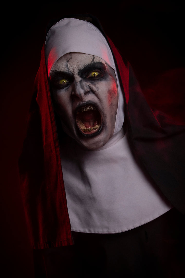 The Conjuring, The Nun Valak Halloween Costume Hire or Cosplay, plus Makeup and Photography. Proudly by and available at, Little Shop of Horrors Costumery Mornington, Frankston & Melbourne