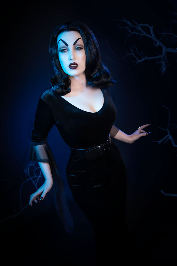 Vampira, the original glamour ghoul herself, Halloween Costume Hire or Cosplay, plus Makeup and Photography. Proudly by and available at, Little Shop of Horrors Costumery 6/1 Watt Rd Mornington & Melbourne