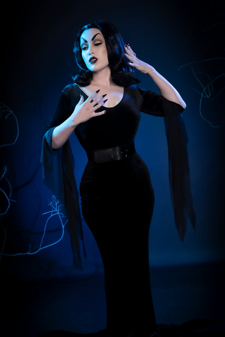 Vampira, the original glamour ghoul herself, Halloween Costume Hire or Cosplay, plus Makeup and Photography. Proudly by and available at, Little Shop of Horrors Costumery 6/1 Watt Rd Mornington & Melbourne