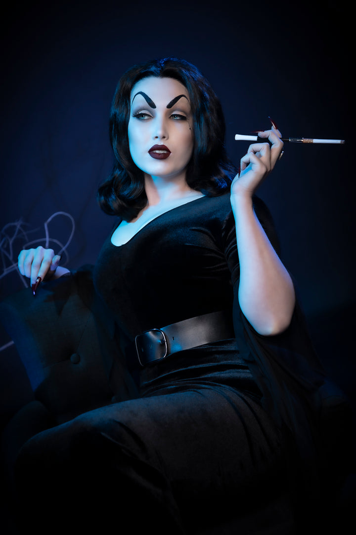 Vampira, the original glamour ghoul herself, Halloween Costume Hire or Cosplay, plus Makeup and Photography. Proudly by and available at, Little Shop of Horrors Costumery 6/1 Watt Rd Mornington & Melbourne