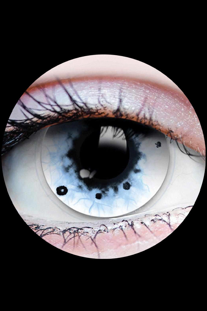 Amityville white and blue horror contact lenses with black splatter effect, inspired by haunted house spirits