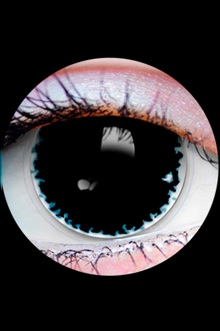 PRIMAL® Asylum contact lenses black iris with blue smoke design for horror cosplay and Halloween