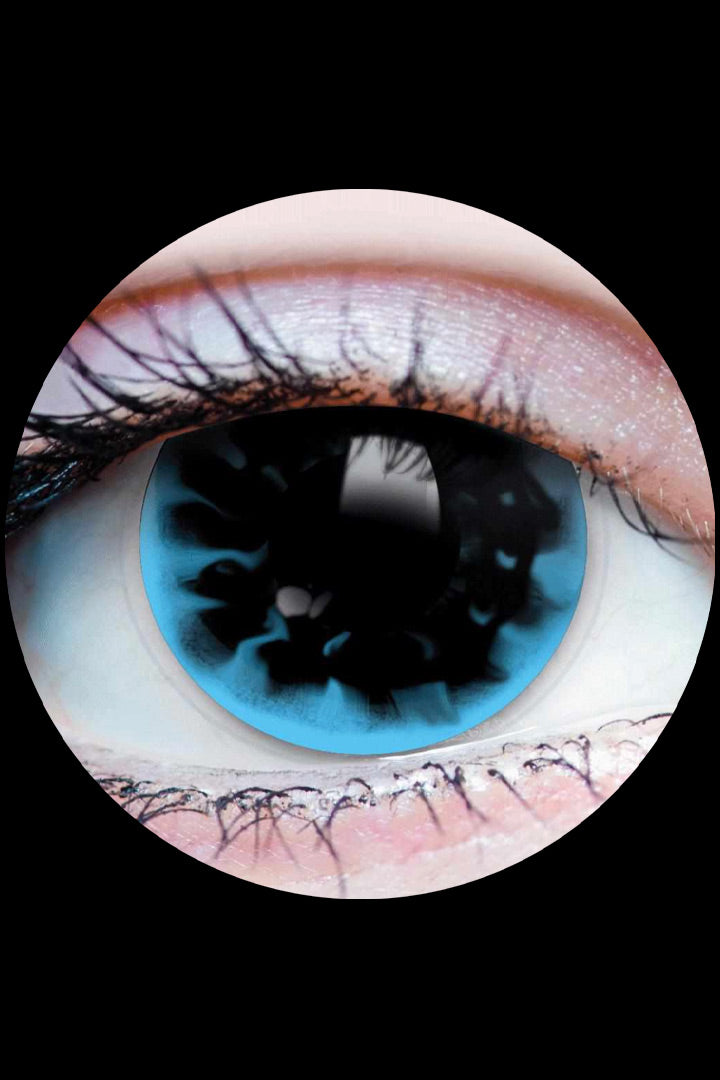 PRIMAL® Black Lagoon Contact Lenses – black and blue mesh effect cosplay contacts inspired by aquatic horror