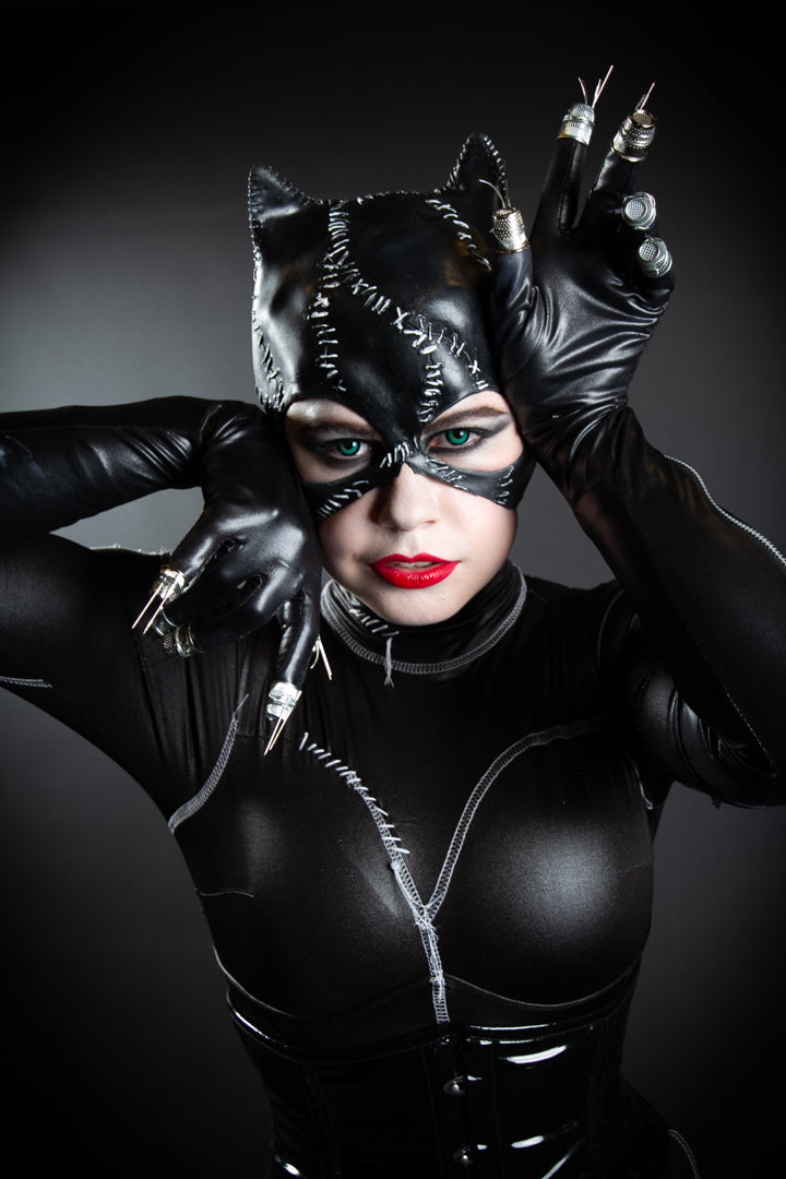Batman Returns Catwoman Costume Hire or Cosplay, plus Makeup and Photography. Proudly by and available at, Little Shop of Horrors Costumery 6/1 Watt Rd Mornington & Melbourne.