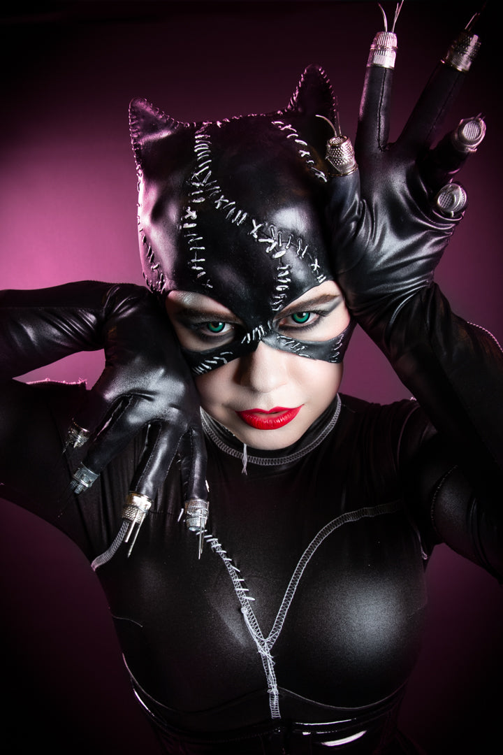 Batman Returns Catwoman Costume Hire or Cosplay, plus Makeup and Photography. Proudly by and available at, Little Shop of Horrors Costumery 6/1 Watt Rd Mornington & Melbourne.