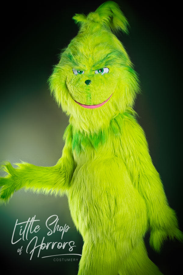 The Grinch Who Stole Christmas Mascot Costume Hire or Cosplay, plus Makeup and Photography. Proudly by and available at, Little Shop of Horrors Costumery Mornington, Frankston & Melbourne.