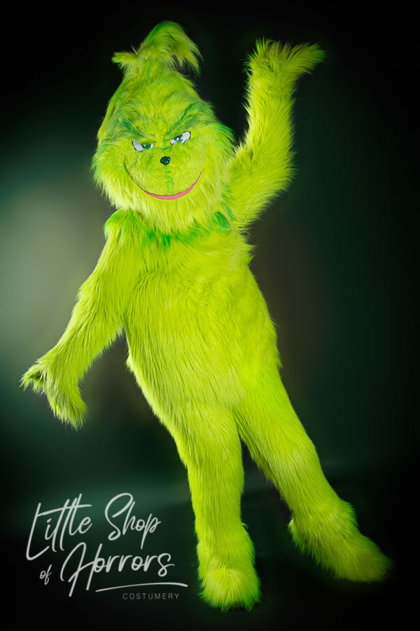 The Grinch Who Stole Christmas Mascot Costume Hire or Cosplay, plus Makeup and Photography. Proudly by and available at, Little Shop of Horrors Costumery Mornington, Frankston & Melbourne.