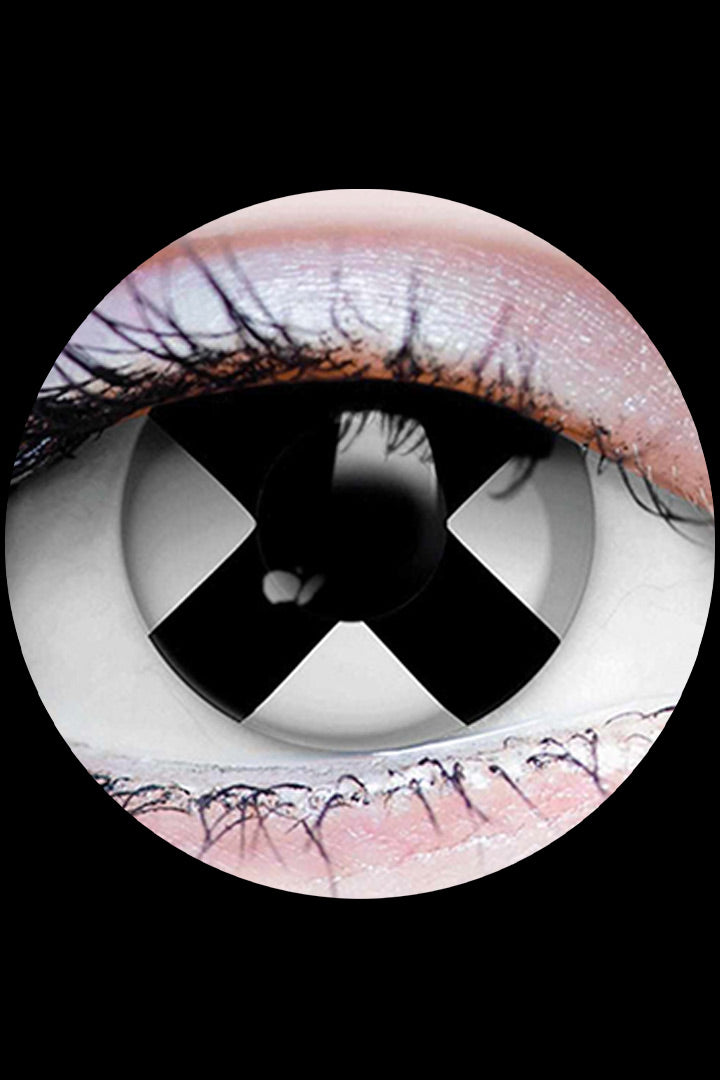 PRIMAL Dead contact lenses, white lenses with black X design available at Little Shop of Horrors Mornington Melbourne.
