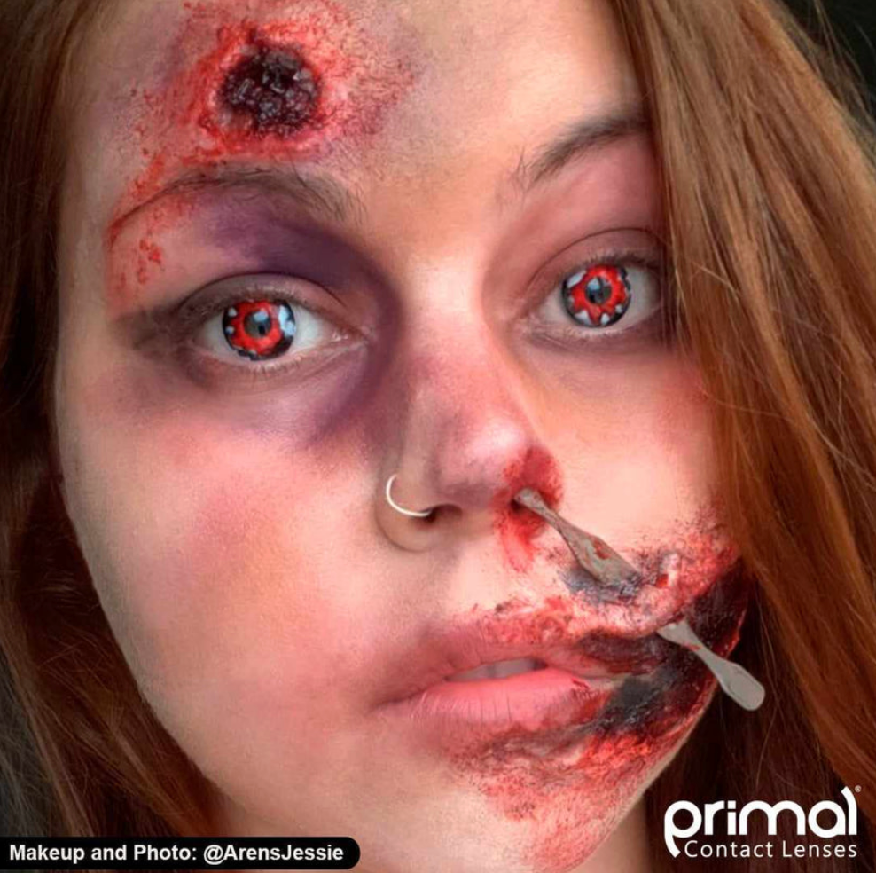 PRIMAL Dracula contact lenses, white and red blood-splatter Halloween eyes available at Little Shop of Horrors Mornington Melbourne.
